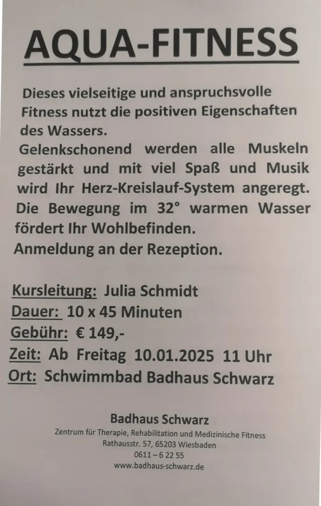 Aqua-Fitness Informationen zum neuen Kursprogramm 2025